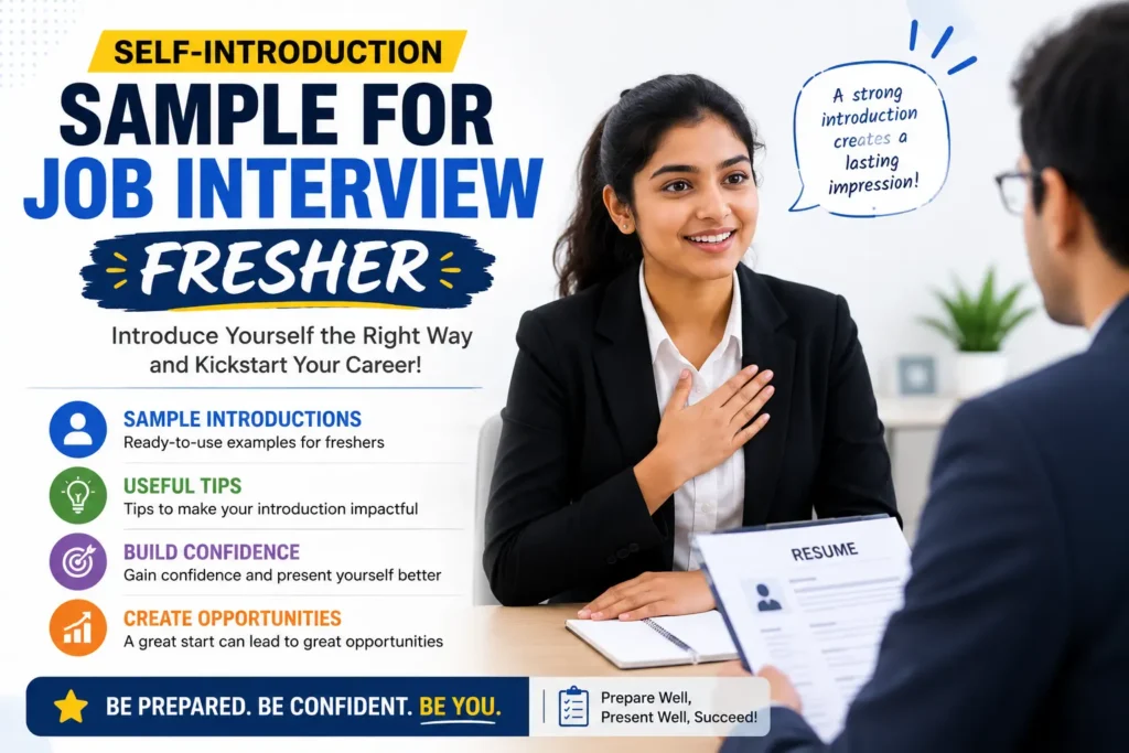 Self-introduction sample for fresher job interview with example, confidence tips, and interview preparation illustration