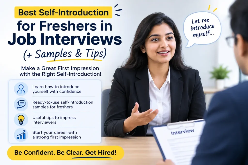 Best self-introduction for freshers in job interviews with interview tips, sample introduction, and professional interview illustration, Self-Introduction Sample for Job Interview Fresher