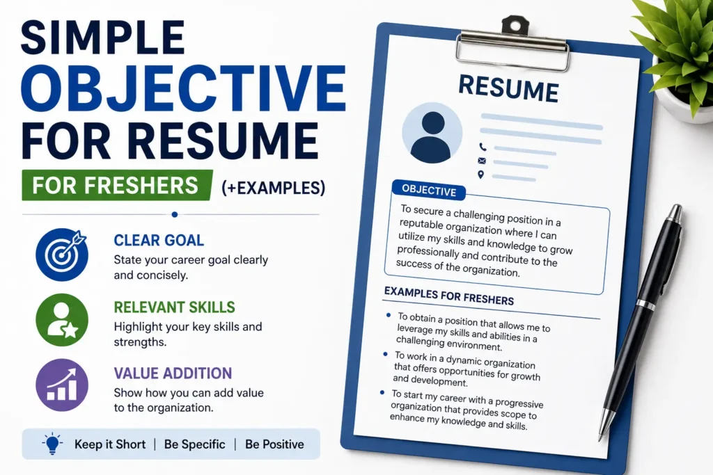 Simple Objective for Resume for Freshers with resume example and career goal illustration